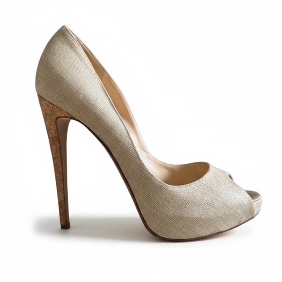 Alexandre Birman Cork Stiletto Heels Linen Peep Toe Pumps Beige High Heel 40.5 - Picture 1 of 11